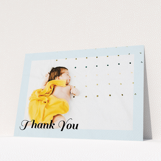 A baptism thank you card template titled "Pastel Diagonals". It is an A5 card in a landscape orientation. It is a photographic baptism thank you card with room for 1 photo. "Pastel Diagonals" is available as a flat card, with mainly blue colouring.