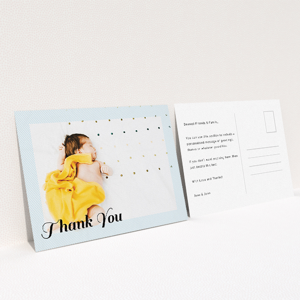 A baptism thank you card template titled "Pastel Diagonals". It is an A5 card in a landscape orientation. It is a photographic baptism thank you card with room for 1 photo. "Pastel Diagonals" is available as a flat card, with mainly blue colouring.