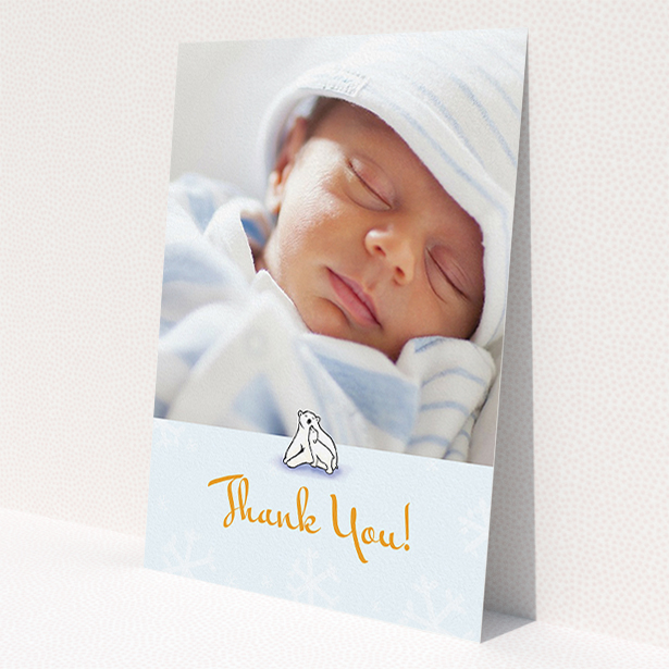 A baptism thank you card template titled 'Polar Picture'. It is an A5 card in a portrait orientation. It is a photographic baptism thank you card with room for 1 photo. 'Polar Picture' is available as a flat card, with tones of blue and white.