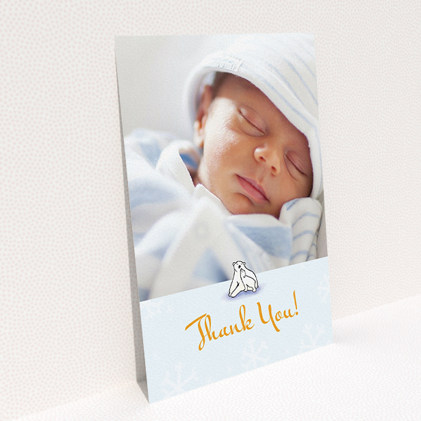 A baptism thank you card template titled "Polar Picture". It is an A5 card in a portrait orientation. It is a photographic baptism thank you card with room for 1 photo. "Polar Picture" is available as a flat card, with tones of blue and white.