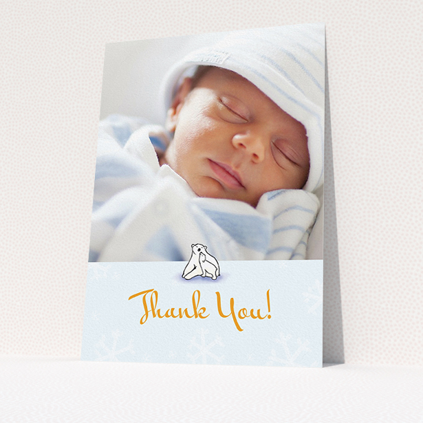 A baptism thank you card template titled "Polar Picture". It is an A5 card in a portrait orientation. It is a photographic baptism thank you card with room for 1 photo. "Polar Picture" is available as a flat card, with tones of blue and white.