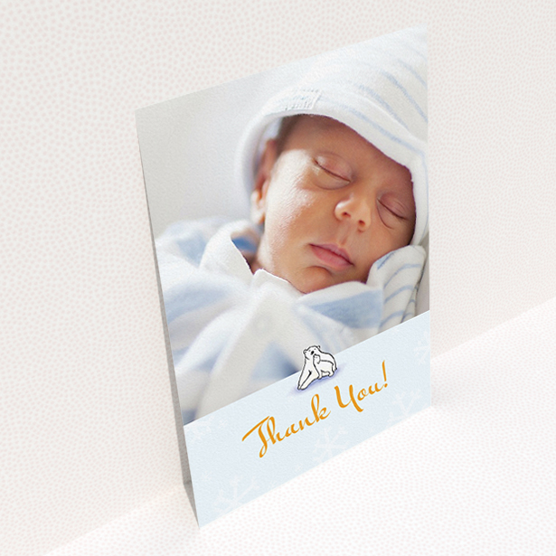 A baptism thank you card template titled "Polar Picture". It is an A5 card in a portrait orientation. It is a photographic baptism thank you card with room for 1 photo. "Polar Picture" is available as a flat card, with tones of blue and white.