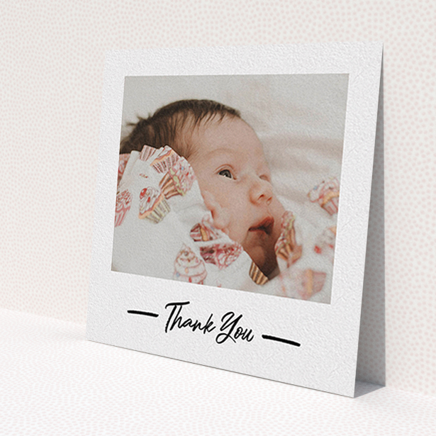A baptism thank you card design named 'Portrait Thank You Photo'. It is a square (148mm x 148mm) card in a square orientation. It is a photographic baptism thank you card with room for 1 photo. 'Portrait Thank You Photo' is available as a flat card, with mainly white colouring.