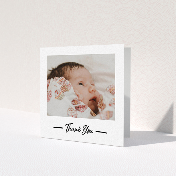 A baptism thank you card called 'Portrait Thank You Photo'. It is a square (148mm x 148mm) card in a square orientation. It is a photographic baptism thank you card with room for 1 photo. 'Portrait Thank You Photo' is available as a folded card, with mainly white colouring.