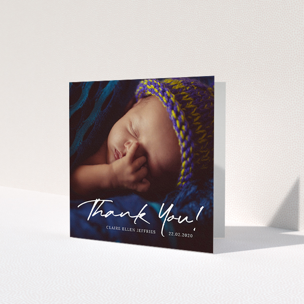 A baptism thank you card design named 'Simple Appreciation'. It is a square (148mm x 148mm) card in a square orientation. It is a photographic baptism thank you card with room for 1 photo. 'Simple Appreciation' is available as a folded card, with mainly white colouring.