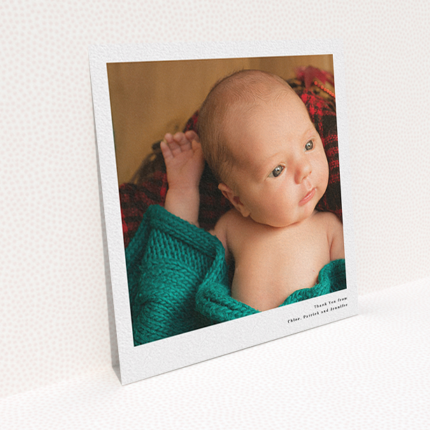 A baptism thank you card called "Simple Portrait". It is a square (148mm x 148mm) card in a square orientation. It is a photographic baptism thank you card with room for 1 photo. "Simple Portrait" is available as a flat card, with mainly white colouring.