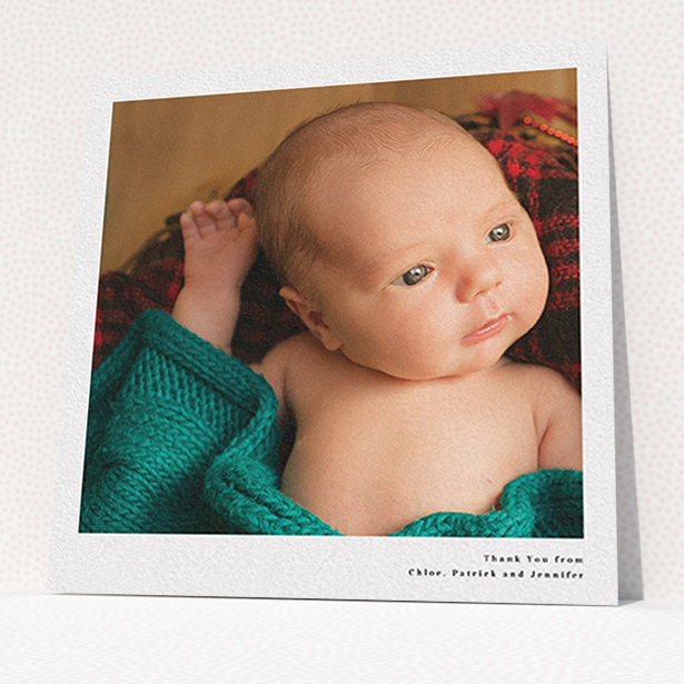A baptism thank you card called "Simple Portrait". It is a square (148mm x 148mm) card in a square orientation. It is a photographic baptism thank you card with room for 1 photo. "Simple Portrait" is available as a flat card, with mainly white colouring.
