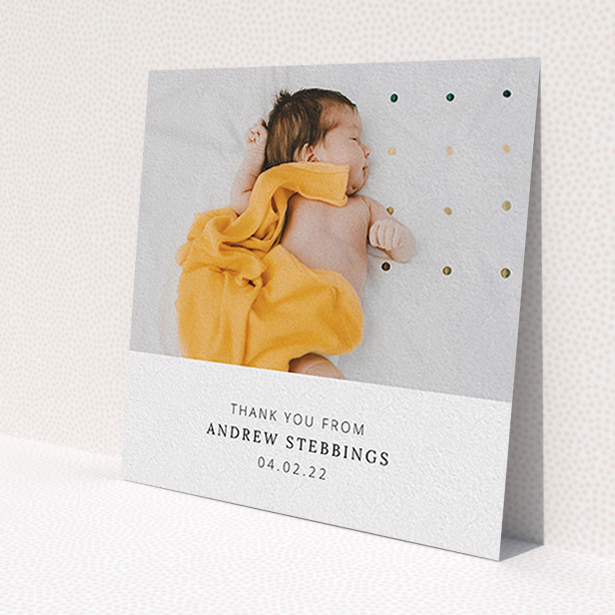 A baptism thank you card design titled 'Simple, Portrait Thank You'. It is a square (148mm x 148mm) card in a square orientation. It is a photographic baptism thank you card with room for 1 photo. 'Simple, Portrait Thank You' is available as a flat card, with mainly white colouring.