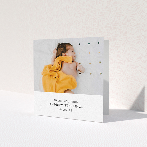 A baptism thank you card design named 'Simple, Portrait Thank You'. It is a square (148mm x 148mm) card in a square orientation. It is a photographic baptism thank you card with room for 1 photo. 'Simple, Portrait Thank You' is available as a folded card, with mainly white colouring.