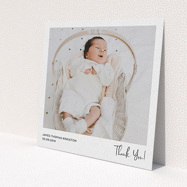 A baptism thank you card design called 'Simple Wedding Thank You'. It is a square (148mm x 148mm) card in a square orientation. It is a photographic baptism thank you card with room for 1 photo. 'Simple Wedding Thank You' is available as a flat card, with mainly white colouring.