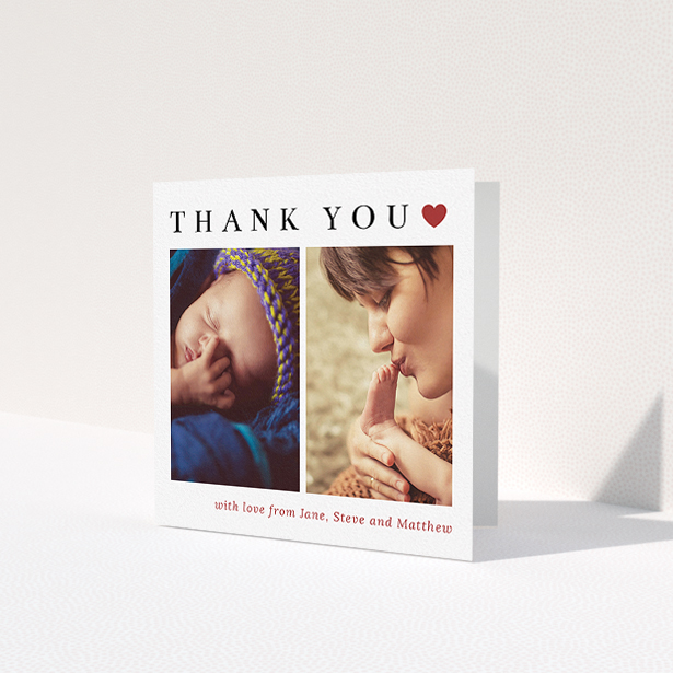 A baptism thank you card called 'Simply Thanks'. It is a square (148mm x 148mm) card in a square orientation. It is a photographic baptism thank you card with room for 3 photos. 'Simply Thanks' is available as a folded card, with tones of white and red.