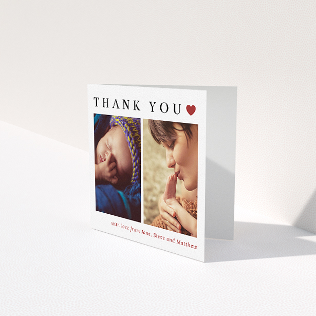 A baptism thank you card called "Simply Thanks". It is a square (148mm x 148mm) card in a square orientation. It is a photographic baptism thank you card with room for 3 photos. "Simply Thanks" is available as a folded card, with tones of white and red.