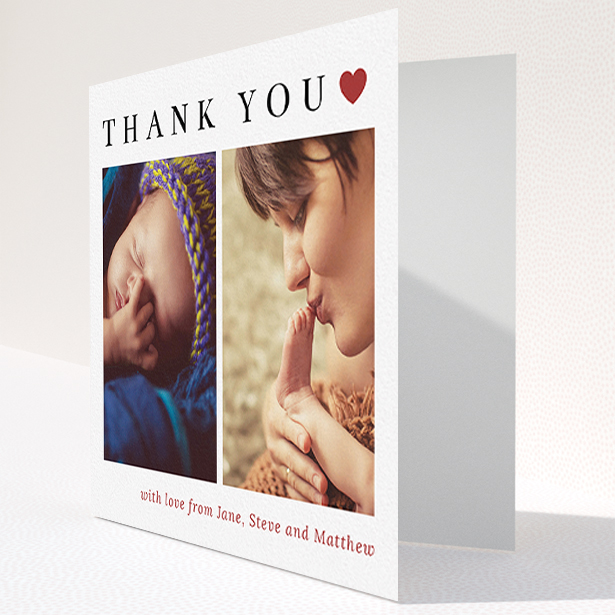 A baptism thank you card called "Simply Thanks". It is a square (148mm x 148mm) card in a square orientation. It is a photographic baptism thank you card with room for 3 photos. "Simply Thanks" is available as a folded card, with tones of white and red.