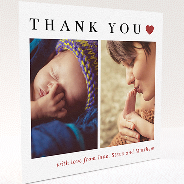 A baptism thank you card called "Simply Thanks". It is a square (148mm x 148mm) card in a square orientation. It is a photographic baptism thank you card with room for 3 photos. "Simply Thanks" is available as a folded card, with tones of white and red.