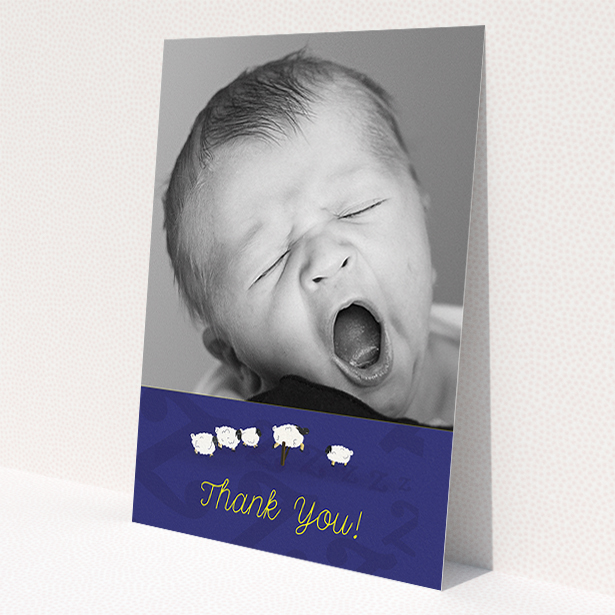 A baptism thank you card design called 'Sleepy Time'. It is an A5 card in a portrait orientation. It is a photographic baptism thank you card with room for 1 photo. 'Sleepy Time' is available as a flat card, with tones of blue and white.