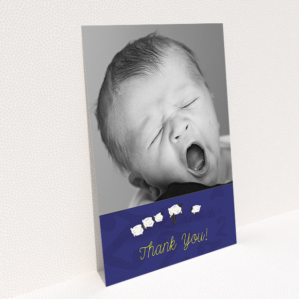 A baptism thank you card design called "Sleepy Time". It is an A5 card in a portrait orientation. It is a photographic baptism thank you card with room for 1 photo. "Sleepy Time" is available as a flat card, with tones of blue and white.