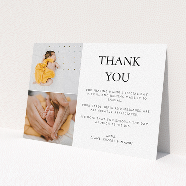 A baptism thank you card design called 'Stacked Frames in Thirds'. It is an A6 card in a landscape orientation. It is a photographic baptism thank you card with room for 2 photos. 'Stacked Frames in Thirds' is available as a flat card, with mainly white colouring.