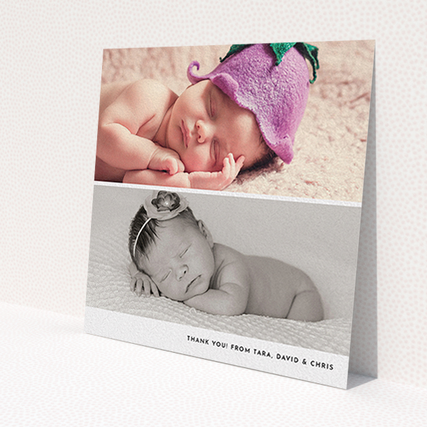 A baptism thank you card design titled 'Stacked Landscapes'. It is a square (148mm x 148mm) card in a square orientation. It is a photographic baptism thank you card with room for 2 photos. 'Stacked Landscapes' is available as a flat card, with mainly white colouring.