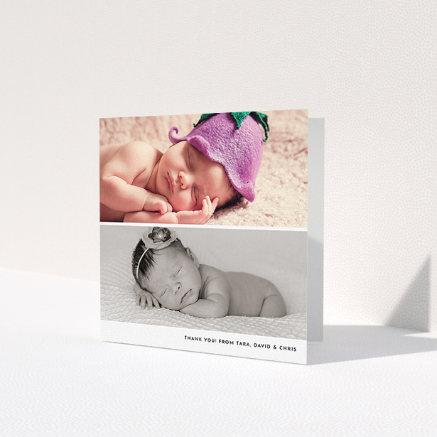 A baptism thank you card design named 'Stacked Landscapes'. It is a square (148mm x 148mm) card in a square orientation. It is a photographic baptism thank you card with room for 2 photos. 'Stacked Landscapes' is available as a folded card, with mainly white colouring.
