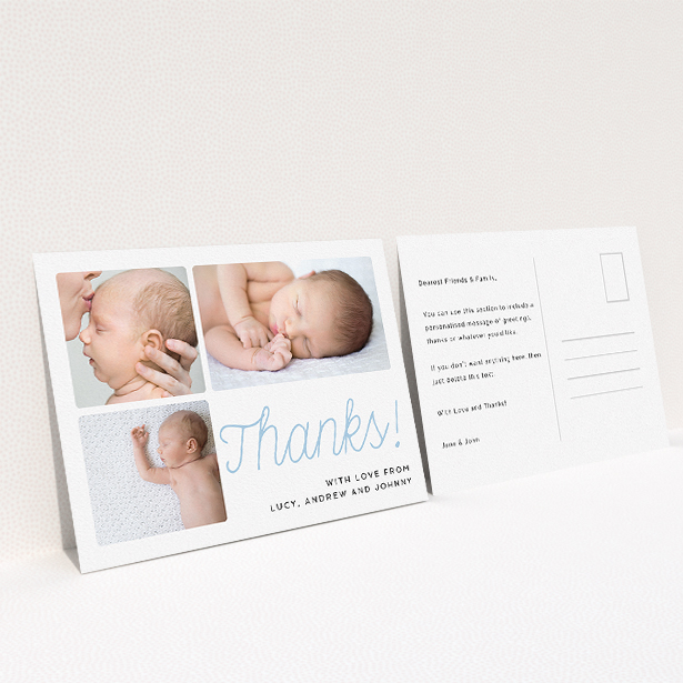 A baptism thank you card design called "Thank You Cursive". It is an A5 card in a landscape orientation. It is a photographic baptism thank you card with room for 3 photos. "Thank You Cursive" is available as a flat card, with tones of white and blue.