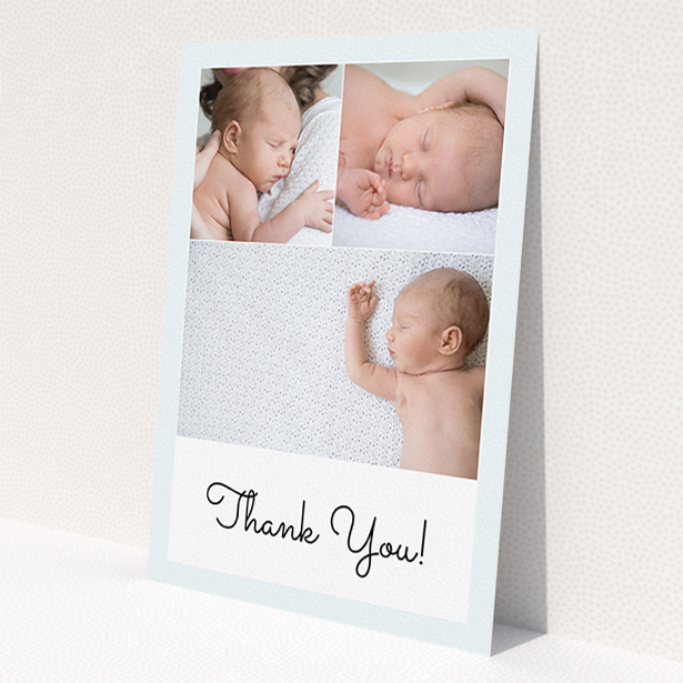 A baptism thank you card design titled 'Thank You!'. It is an A5 card in a portrait orientation. It is a photographic baptism thank you card with room for 3 photos. 'Thank You!' is available as a flat card, with tones of blue and white.