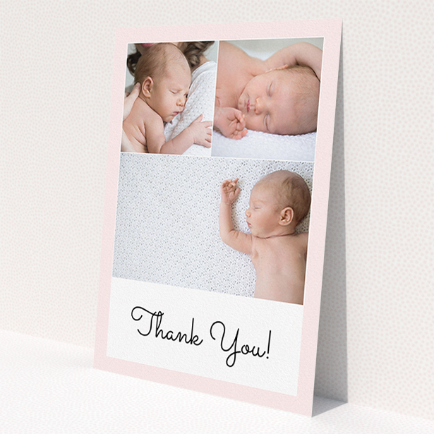 A baptism thank you card named 'Thank You!'. It is an A5 card in a portrait orientation. It is a photographic baptism thank you card with room for 3 photos. 'Thank You!' is available as a flat card, with tones of pink and white.