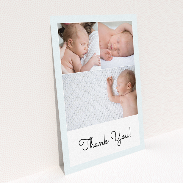A baptism thank you card design titled "Thank You!". It is an A5 card in a portrait orientation. It is a photographic baptism thank you card with room for 3 photos. "Thank You!" is available as a flat card, with tones of blue and white.