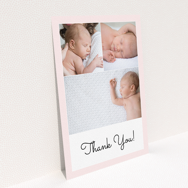 A baptism thank you card named "Thank You!". It is an A5 card in a portrait orientation. It is a photographic baptism thank you card with room for 3 photos. "Thank You!" is available as a flat card, with tones of pink and white.