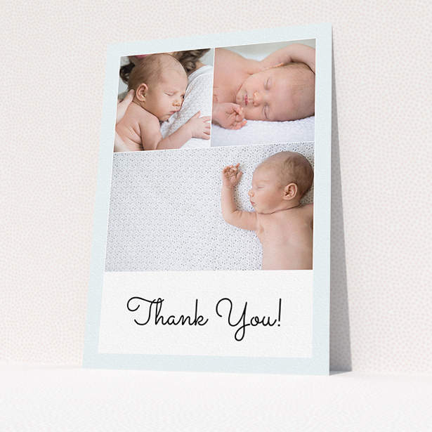 A baptism thank you card design titled "Thank You!". It is an A5 card in a portrait orientation. It is a photographic baptism thank you card with room for 3 photos. "Thank You!" is available as a flat card, with tones of blue and white.