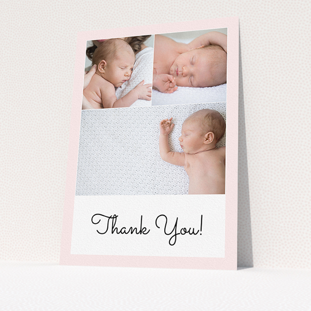 A baptism thank you card named "Thank You!". It is an A5 card in a portrait orientation. It is a photographic baptism thank you card with room for 3 photos. "Thank You!" is available as a flat card, with tones of pink and white.