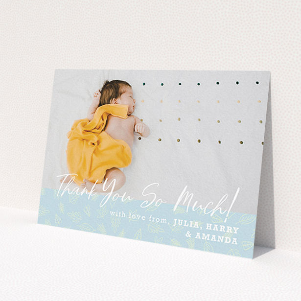 A baptism thank you card called 'Thank You So Much'. It is an A6 card in a landscape orientation. It is a photographic baptism thank you card with room for 1 photo. 'Thank You So Much' is available as a flat card, with tones of blue and white.