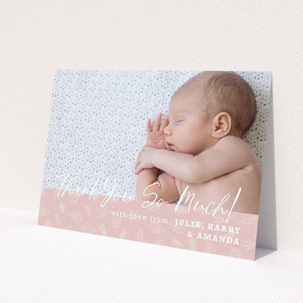 A baptism thank you card template titled 'Thank You So Much'. It is an A6 card in a landscape orientation. It is a photographic baptism thank you card with room for 1 photo. 'Thank You So Much' is available as a flat card, with tones of pink and white.