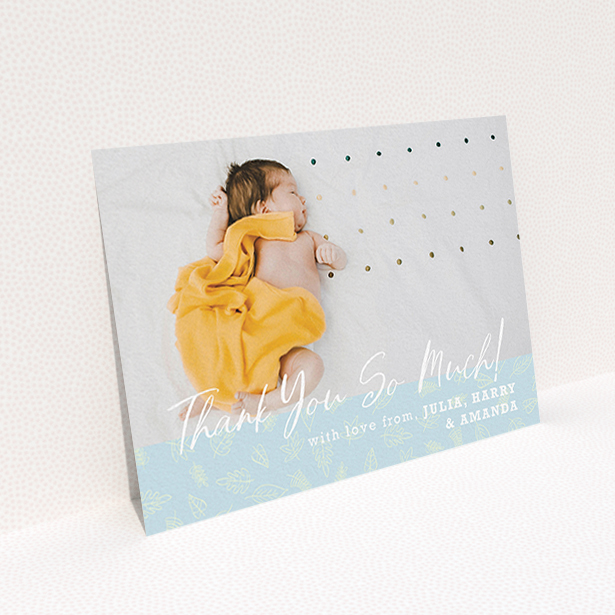 A baptism thank you card called "Thank You So Much". It is an A6 card in a landscape orientation. It is a photographic baptism thank you card with room for 1 photo. "Thank You So Much" is available as a flat card, with tones of blue and white.
