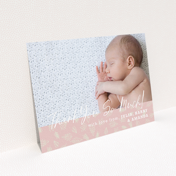 A baptism thank you card template titled "Thank You So Much". It is an A6 card in a landscape orientation. It is a photographic baptism thank you card with room for 1 photo. "Thank You So Much" is available as a flat card, with tones of pink and white.