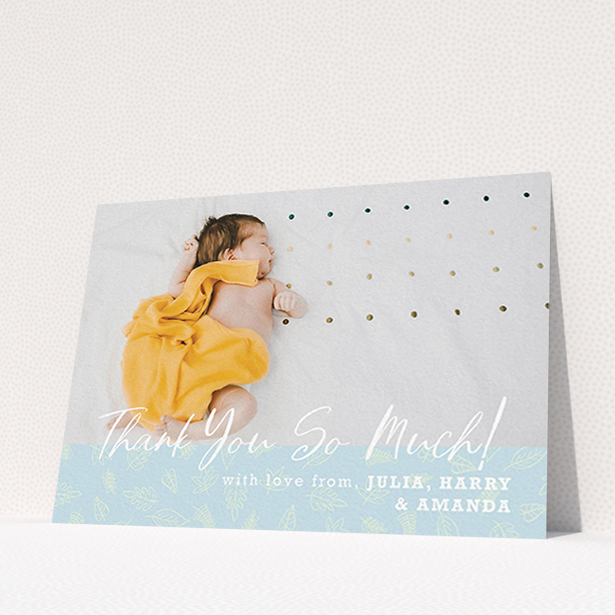 A baptism thank you card called "Thank You So Much". It is an A6 card in a landscape orientation. It is a photographic baptism thank you card with room for 1 photo. "Thank You So Much" is available as a flat card, with tones of blue and white.