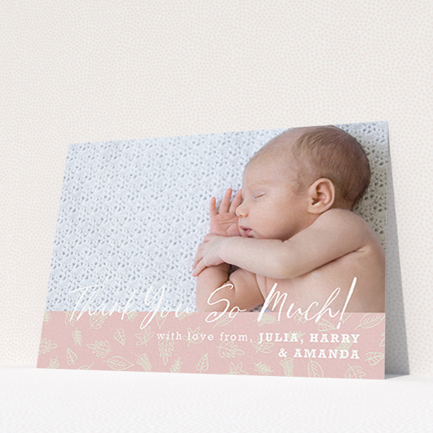A baptism thank you card template titled "Thank You So Much". It is an A6 card in a landscape orientation. It is a photographic baptism thank you card with room for 1 photo. "Thank You So Much" is available as a flat card, with tones of pink and white.
