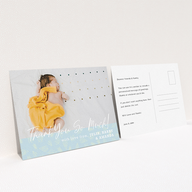 A baptism thank you card called "Thank You So Much". It is an A6 card in a landscape orientation. It is a photographic baptism thank you card with room for 1 photo. "Thank You So Much" is available as a flat card, with tones of blue and white.