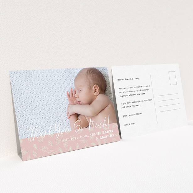 A baptism thank you card template titled "Thank You So Much". It is an A6 card in a landscape orientation. It is a photographic baptism thank you card with room for 1 photo. "Thank You So Much" is available as a flat card, with tones of pink and white.