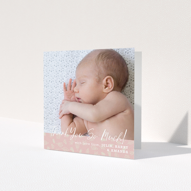 A baptism thank you card design called 'Thank You So Much'. It is a square (148mm x 148mm) card in a square orientation. It is a photographic baptism thank you card with room for 1 photo. 'Thank You So Much' is available as a folded card, with tones of pink and white.