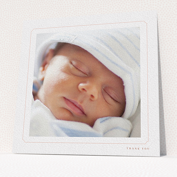 A baptism thank you card template titled "Thin Pink". It is a square (148mm x 148mm) card in a square orientation. It is a photographic baptism thank you card with room for 1 photo. "Thin Pink" is available as a flat card, with tones of white and pink.