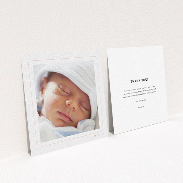 A baptism thank you card template titled "Thin Pink". It is a square (148mm x 148mm) card in a square orientation. It is a photographic baptism thank you card with room for 1 photo. "Thin Pink" is available as a flat card, with tones of white and pink.