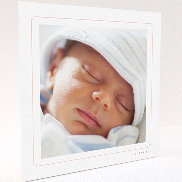 A baptism thank you card named "Thin Pink". It is a square (148mm x 148mm) card in a square orientation. It is a photographic baptism thank you card with room for 1 photo. "Thin Pink" is available as a folded card, with tones of white and pink.