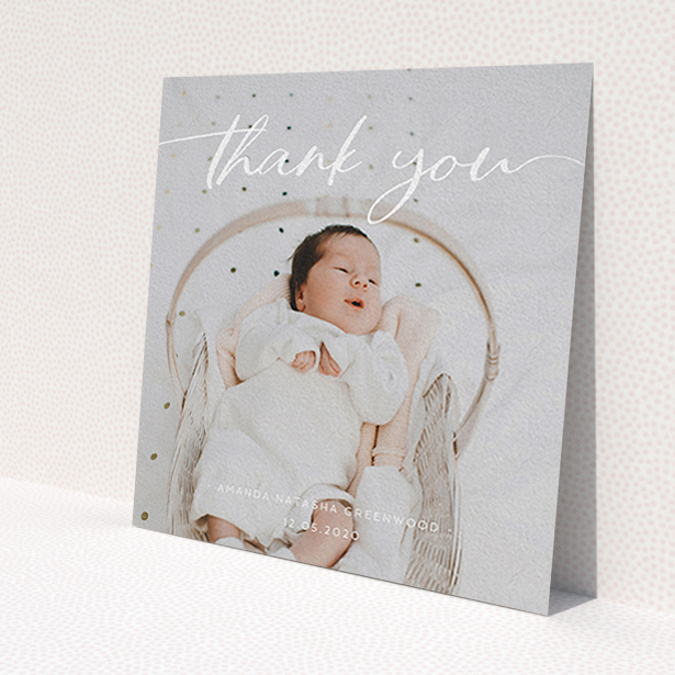 A baptism thank you card design titled 'Topped and Bottomed'. It is a square (148mm x 148mm) card in a square orientation. It is a photographic baptism thank you card with room for 1 photo. 'Topped and Bottomed' is available as a flat card, with mainly white colouring.