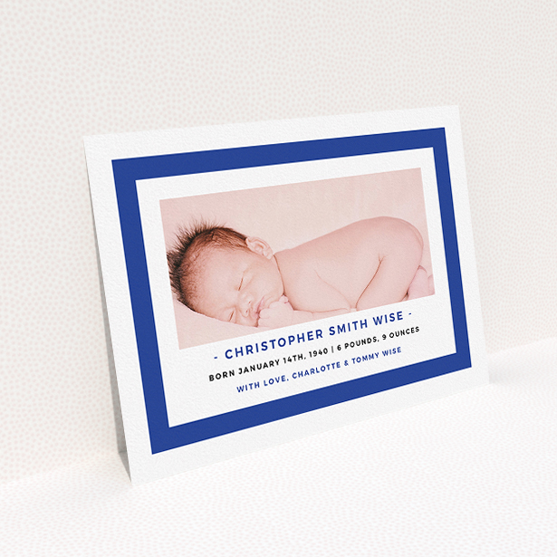 A birth announcement card template titled "Big Blue". It is an A5 card in a landscape orientation. It is a photographic birth announcement card with room for 1 photo. "Big Blue" is available as a flat card, with tones of blue and white.