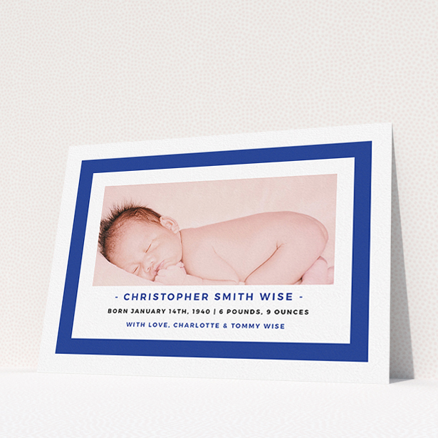 A birth announcement card template titled "Big Blue". It is an A5 card in a landscape orientation. It is a photographic birth announcement card with room for 1 photo. "Big Blue" is available as a flat card, with tones of blue and white.
