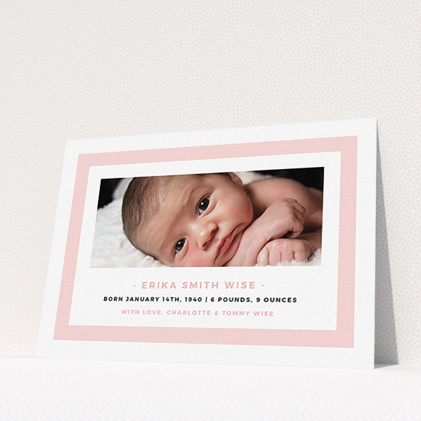 A birth announcement card called "Big Pink". It is an A5 card in a landscape orientation. It is a photographic birth announcement card with room for 1 photo. "Big Pink" is available as a flat card, with tones of pink and white.
