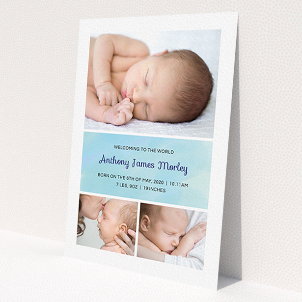 A birth announcement card template titled 'Block Tower'. It is an A6 card in a portrait orientation. It is a photographic birth announcement card with room for 3 photos. 'Block Tower' is available as a flat card, with tones of blue and white.