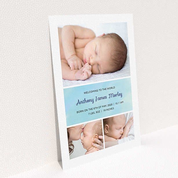 A birth announcement card template titled "Block Tower". It is an A6 card in a portrait orientation. It is a photographic birth announcement card with room for 3 photos. "Block Tower" is available as a flat card, with tones of blue and white.