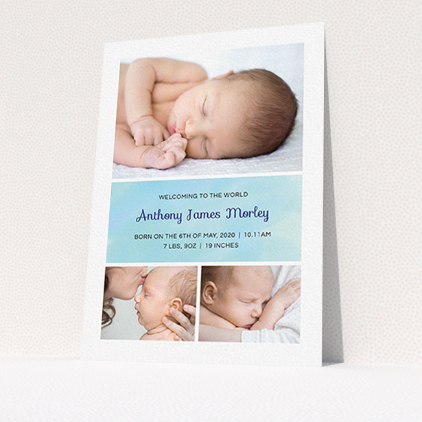 A birth announcement card template titled "Block Tower". It is an A6 card in a portrait orientation. It is a photographic birth announcement card with room for 3 photos. "Block Tower" is available as a flat card, with tones of blue and white.
