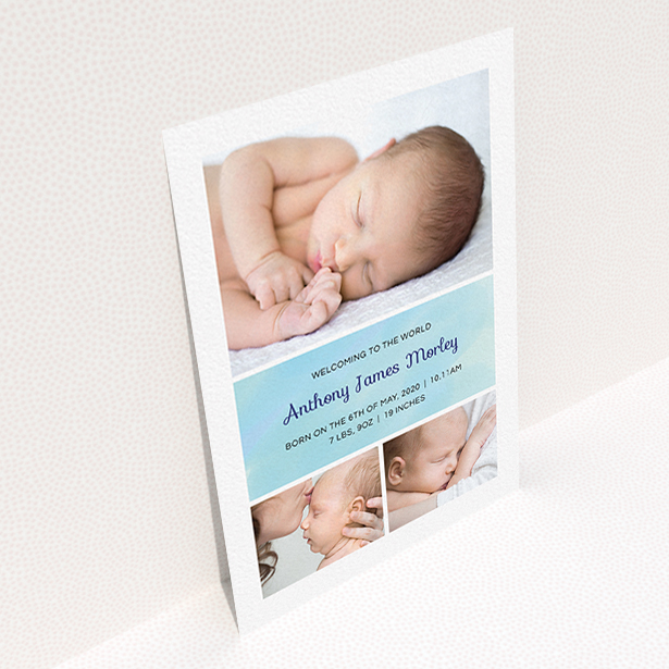 A birth announcement card template titled "Block Tower". It is an A6 card in a portrait orientation. It is a photographic birth announcement card with room for 3 photos. "Block Tower" is available as a flat card, with tones of blue and white.